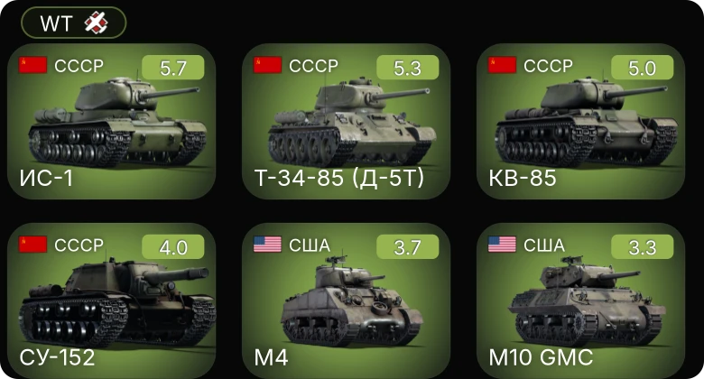 WT — Т-34-85 (Д-5Т) | ИС-1 | СУ-152 | КВ-85 | M4