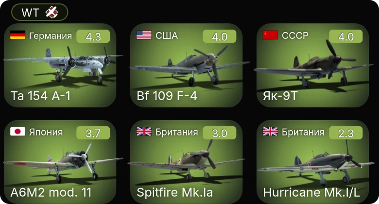 WT — Bf 109 F-4 | Ta 154 A-1 | Як-9Т | Hurricane Mk.I/L | Spitfire Mk.Ia