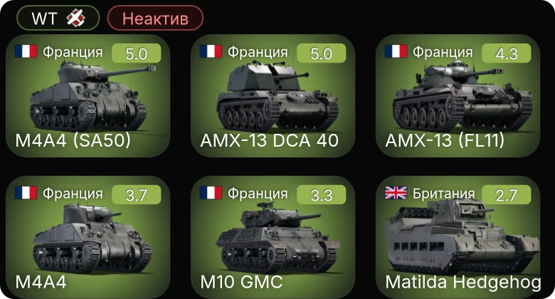 WT — Неактив | M4A4 (SA50) | M4A4 | AMX-13 (FL11) | AMX-13 DCA 40 | Matilda Hedgehog