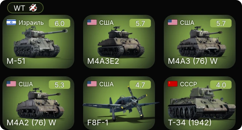 WT — M-51 | M4A3 (76) W | F8F-1 | M4A3E2 | M4A2 (76) W