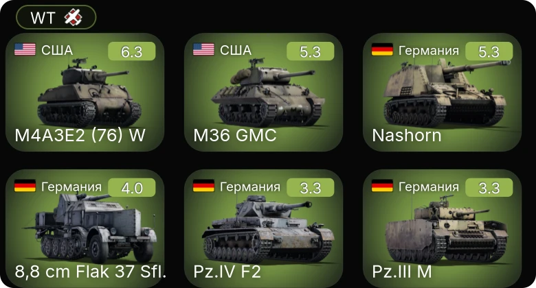 WT — M4A3E2 (76) W | M36 GMC | Nashorn | 8,8 cm Flak 37 Sfl. | P-40E-1
