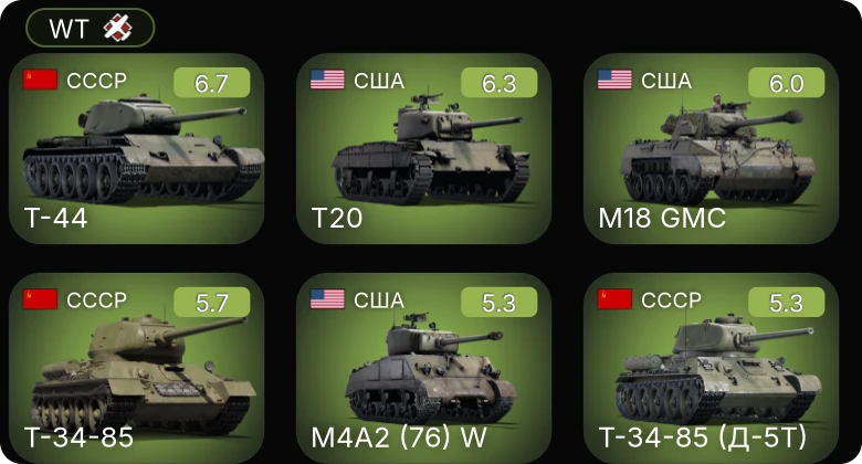 WT — T20 | Т-44 | Chi-Ri | M18 GMC | M4A1 (76) W