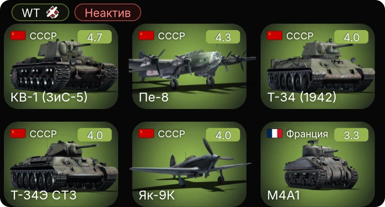 WT — Неактив | Як-9К | Пе-8 | КВ-1 (ЗиС-5) | Т-34 (1942) | Potez 630