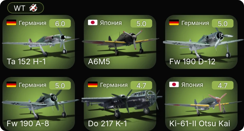 WT — Ta 152 H-1 | Do 217 K-1 | Fw 190 A-8 | Fw 190 D-12 | Bf 109 G-6