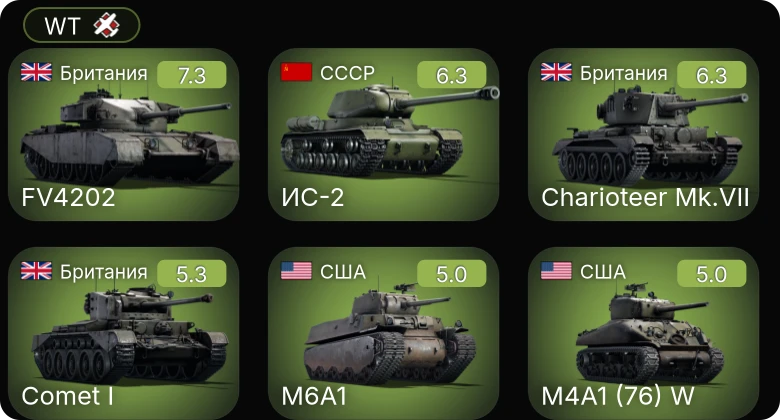 WT — ИС-2 | FV4202 | Charioteer Mk.VII | M4A1 (76) W | M6A1