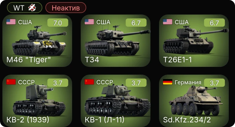 WT — Неактив | T34 | M46 "Tiger" | T26E1-1 | Sd.Kfz.234/2 | Т-126