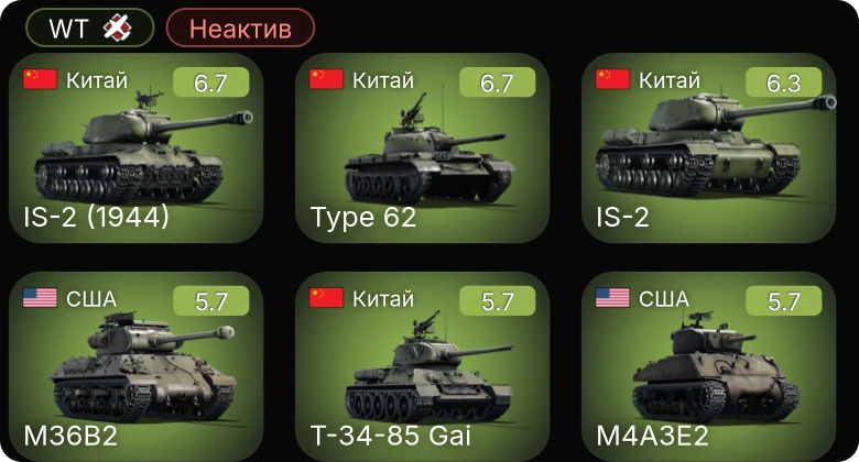 WT — Неактив | SUB-I-II | ␗IS-2 | Type 62 | ␗IS-2 (1944) | M4A3 (76) W