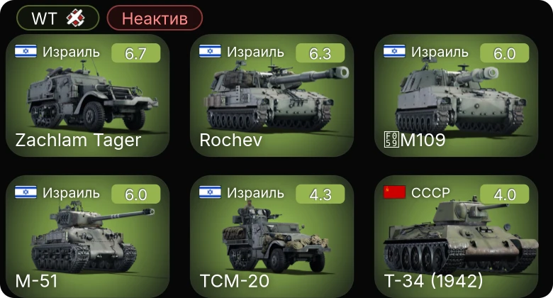 WT — Неактив | M-51 | M109 | TCM-20 | Zachlam Tager | Rochev