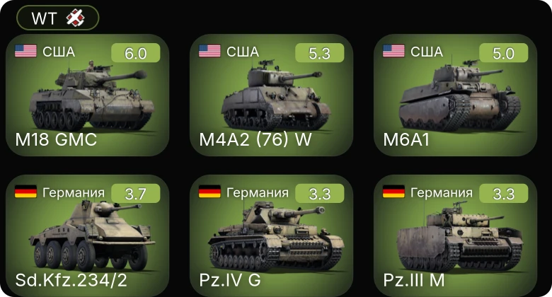 WT — M18 GMC | M6A1 | M4A2 (76) W | Sd.Kfz.234/2 | Valentine IX