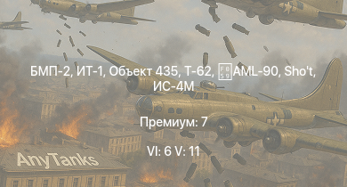 WT — 6 ранг: 6шт 5 ранг: 11шт БМП-2 | ИТ-1 | Объект 435 | Т-62 | Т-55А | Т-10М | Ми-4АВ | БМП-1 | Объект 906 | Т-54 (1947)