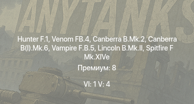 WT — 6 ранг: 1шт 5 ранг: 4шт Hunter F.1 | Venom FB.4 | Canberra B.Mk.2 | Canberra B(I).Mk.6 | Vampire F.B.5 | Tempest Mk.II | Lincoln B.Mk.II | Spitfire F Mk.XIVc | Spitfire LF Mk.IX | Spitfire F Mk.XIVe