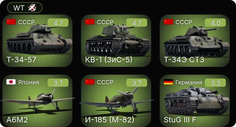 WT — КВ-1 (ЗиС-5) | Т-34-57 | И-185 (М-82) | P-63A-5 | M3 Lee