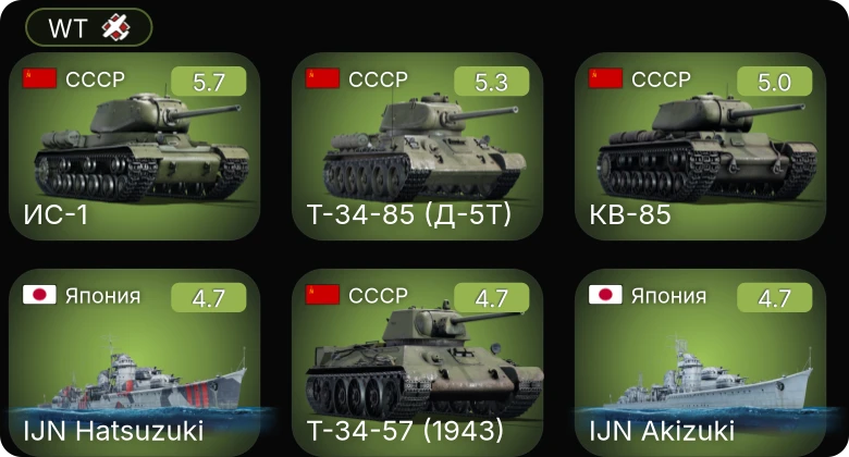 WT — Т-34-85 (Д-5Т) | КВ-85 | ИС-1 | Т-34-57 (1943) | IJN Akizuki