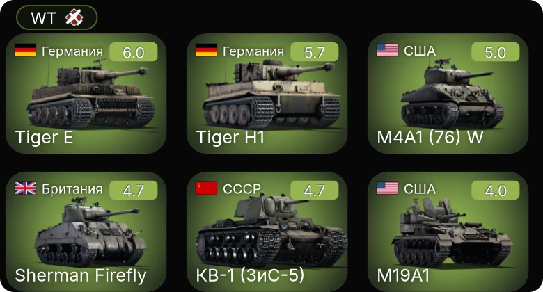 WT — M19A1 | M4A1 (76) W | СУ-152 | КВ-1 (ЗиС-5) | Sherman Firefly