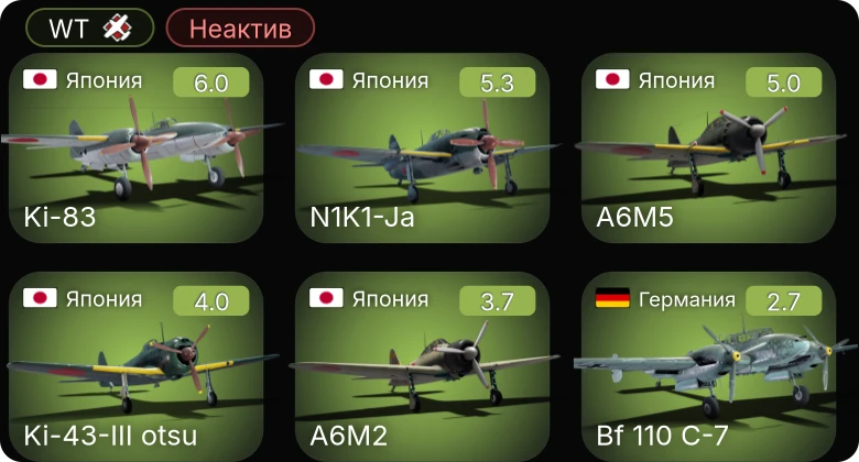 WT — Неактив | Ki-83 | N1K1-Ja | Ki-43-III otsu | A6M5 | Ju 87 D-3