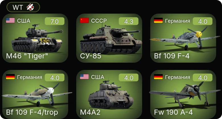WT — M46 "Tiger" | Bf 109 F-4 | Bf 109 F-4/trop | Fw 190 A-4 | Fw 190 A-5/U2
