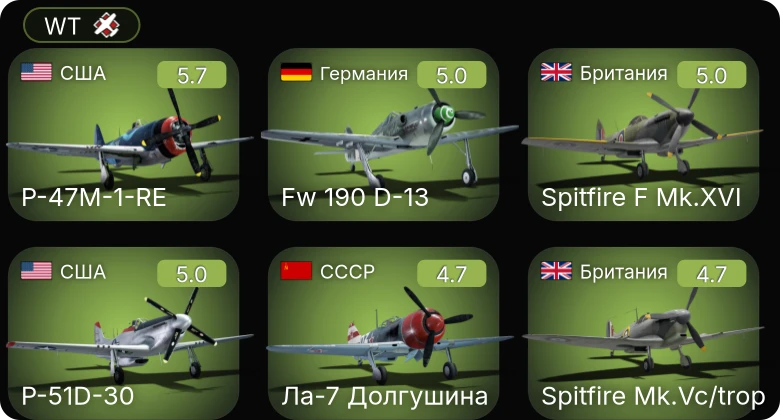 WT — P-47M-1-RE | P-51D-30 | Fw 190 D-13 | Fw 190 A-5/U12 | Ла-7 Долгушина