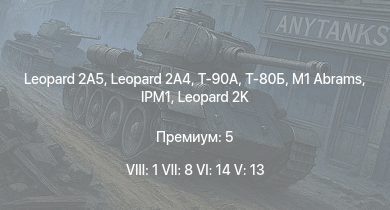 WT — 8 ранг: 1шт 7 ранг: 8шт 6 ранг: 14шт Leopard 2A5 | IPM1 | Т-90А | Leopard 2A4 | Т-80Б | M1 Abrams | Т-72Б | Т-72Б (1989) | Leopard 2K | Т-64Б