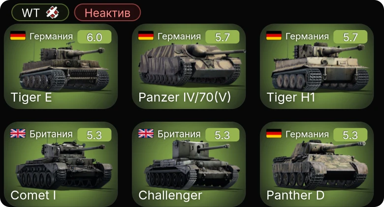 WT — Неактив | Comet I | Challenger | Avenger | Concept 3 | Typhoon Mk.Ib/L