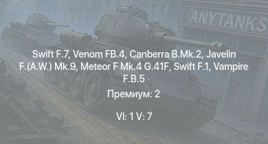 WT — 6 ранг: 1шт 5 ранг: 7шт Venom FB.4 | Swift F.7 | Canberra B.Mk.2 | Javelin F.(A.W.) Mk.9 | Swift F.1 | Vampire F.B.5 | Meteor F Mk.4 G.41F | Meteor F Mk.3 | Spitfire F Mk.22 | Lincoln B.Mk.II