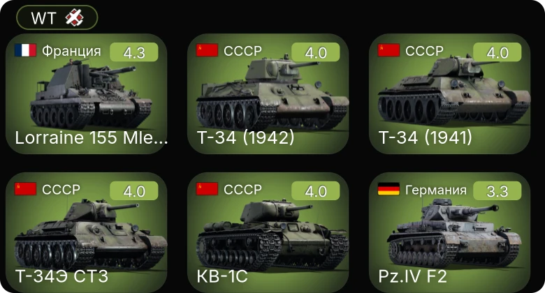 WT — Lorraine 155 Mle.50 | КВ-1С | Т-34 (1942) | Т-34 (1941) | LVT(A)(1)