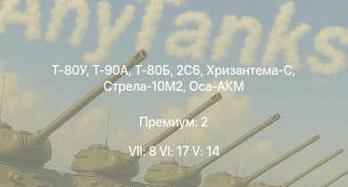 WT — 7 ранг: 8шт 6 ранг: 17шт 5 ранг: 14шт Т-80У | Т-90А | Т-80Б | 2С6 | Стрела-10М2 | Оса-АКМ | Т-72Б | Т-64Б | Хризантема-С | ЗСУ-23-4М4