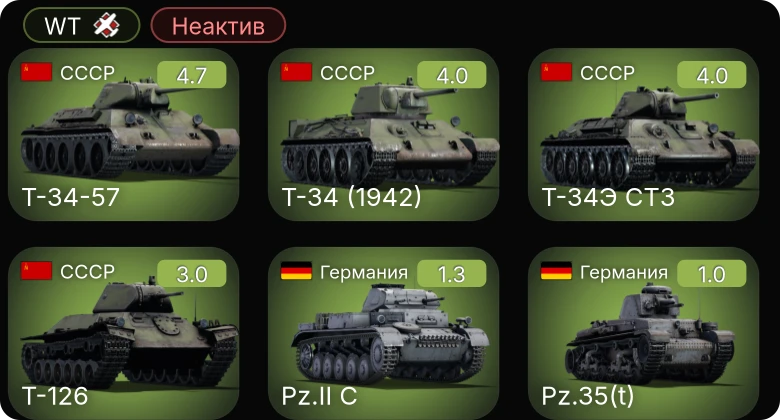 WT — Неактив | Т-34-57 | Т-126 | Т-34 (1942) | M2A4 | M2A2