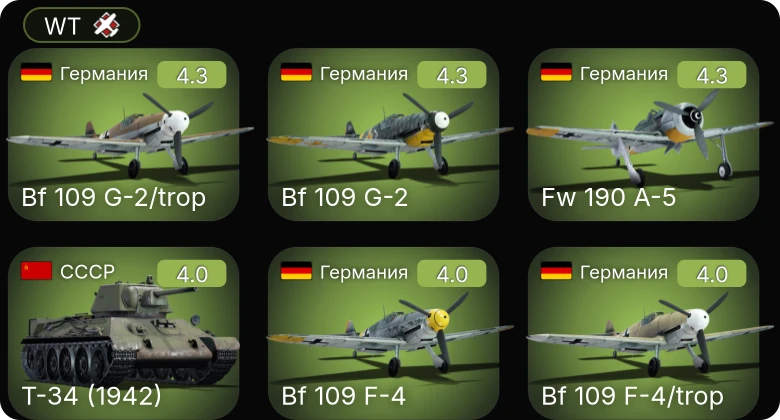 WT — Fw 190 A-5 | Bf 109 G-2/trop | Bf 109 F-4/trop | Bf 109 F-4 | Bf 109 G-2