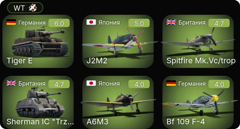 WT — Bf 109 F-4/trop | Fw 190 A-5/U2 | Fw 190 A-4 | Bf 109 F-4 | Ил-2М "Мститель"