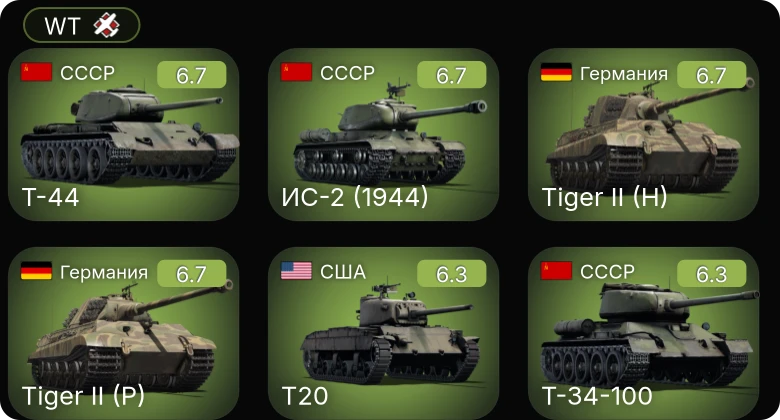 WT — T20 | Jagdpanther G1 | ИС-2 (1944) | Т-44 | Т-34-100