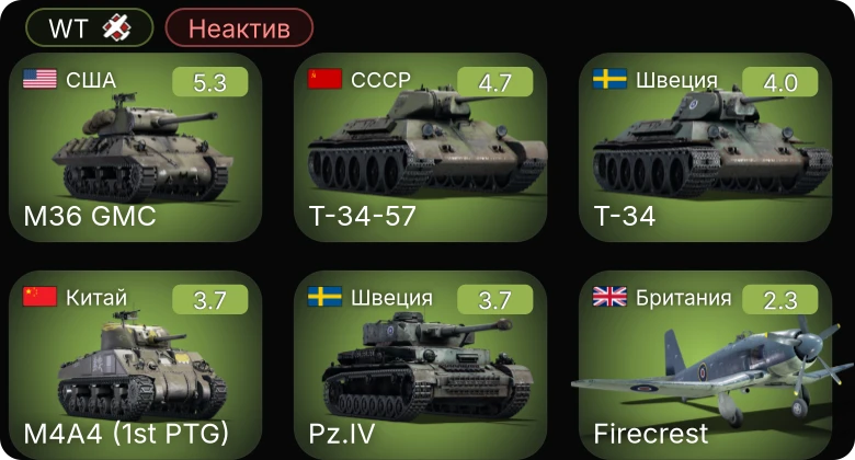 WT — Неактив | M36 GMC | Т-34-57 | Т-34 | Firecrest | LVT(A)(4) (ZiS-2)
