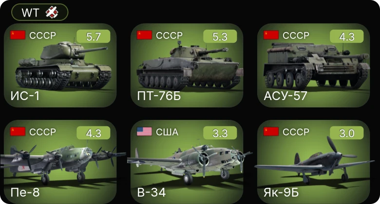 WT — ПТ-76Б | АСУ-57 | Пе-8 | ИС-1 | P-36G