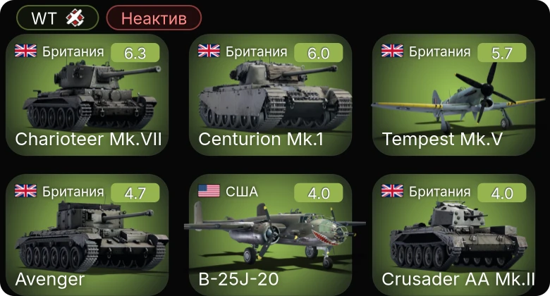 WT — Неактив | Centurion Mk.1 | Charioteer Mk.VII | Tempest Mk.V | Whirlwind Mk I | Avenger