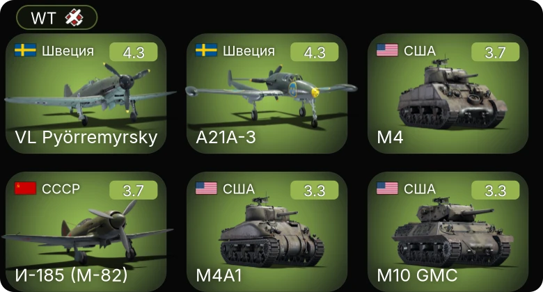WT — A21A-3 | И-185 (М-82) | VL Pyörremyrsky | M10 GMC | M4A1