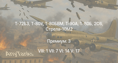 WT — 8 ранг: 1шт 7 ранг: 7шт 6 ранг: 14шт Т-80БВМ | Т-80У | Т-72Б3 | Т-90А | Т-80Б | 2С6 | Стрела-10М2 | Т-72Б | Т-64А (1971) | Т-72А