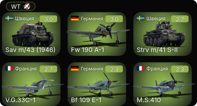 WT — Bf 109 E-1 | Fw 190 A-1 | M.S.410 | V.G.33C-1 | Strv m/41 S-II