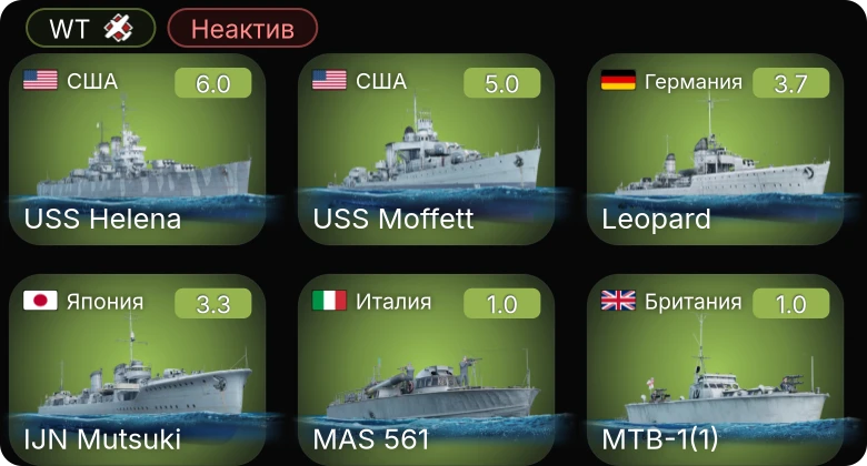 WT — Неактив | USS Helena | USS Moffett | Leopard | Г-5 | MTB-1(1)
