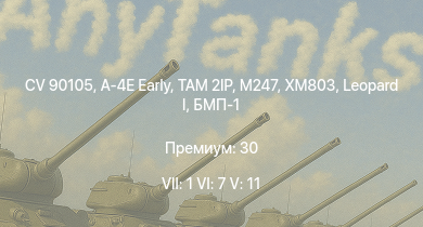 WT — 7 ранг: 1шт 6 ранг: 7шт 5 ранг: 11шт CV 90105 | TAM 2IP | XM803 | M247 | A-4E Early | M551 | T95E1 | M3 Bradley |  | БМП-1