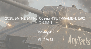 WT — 6 ранг: 11шт 5 ранг: 13шт 2C25 | Т-64А (1971) | Т-72А | Т-62М-1 | БМП-3 | Т-55АМД-1 | БМП-2 | Объект 435 | Ми-24А | Т-62