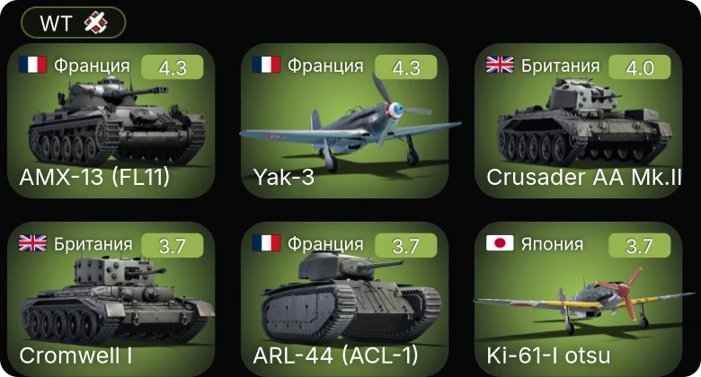 WT — Crusader AA Mk.II | ARL-44 (ACL-1) | AMX-13 (FL11) | Yak-3 | M4A1
