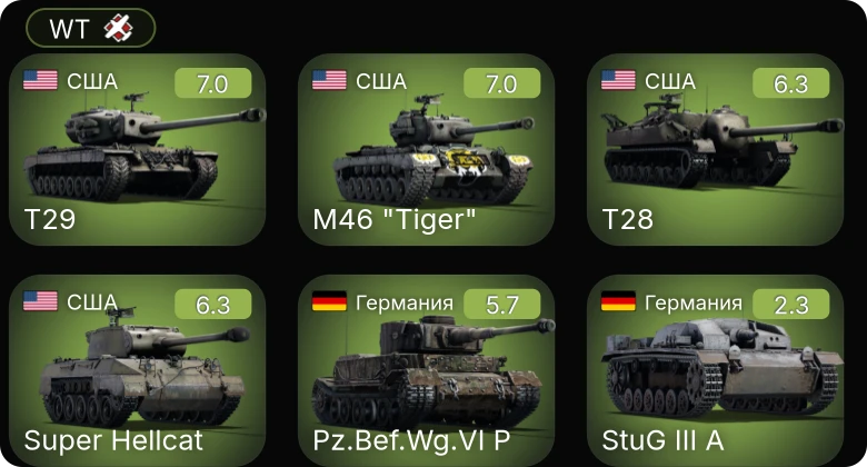 WT — T28 | T29 | Super Hellcat | M46 "Tiger" | P-26A-34 M2