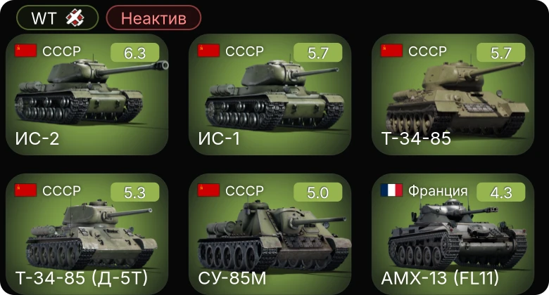 WT — Неактив | ИС-2 | M24 | M19A1 | Т-34-85 (Д-5Т) | СУ-85М
