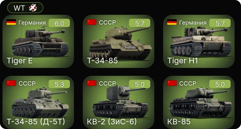 WT — КВ-85 | Т-34-85 (Д-5Т) | Т-34-85 | КВ-2 (ЗиС-6) | M5A1