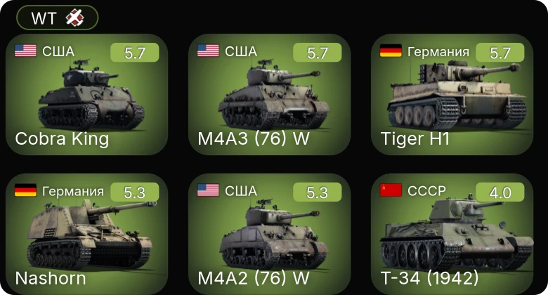WT — M4A2 (76) W | Cobra King | M4A3 (76) W | Nashorn | КВ-2 (1939)