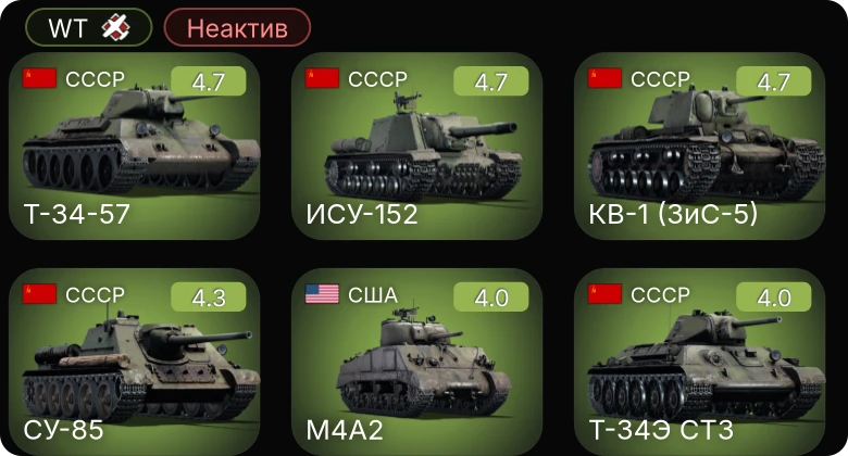 WT — Неактив | КВ-1 (ЗиС-5) | ИСУ-152 | Т-34-57 | СУ-85 | M4