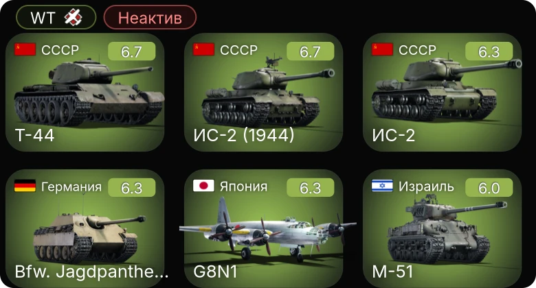 WT — Неактив | Bfw. Jagdpanther G1 | ИС-2 (1944) | ИС-2 | Т-44 | G8N1