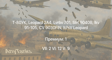 WT — 7 ранг: 2шт 6 ранг: 12шт 5 ранг: 9шт Т-80УК | Leopard 2A4 | Lvrbv 701 | Strf 9040B | CV 9030FIN | Т-72М1 | Strv 105 | ItPsV Leopard | Strv 104 | Pbv 302 (BILL)