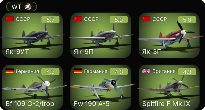 WT — Fw 190 A-5 | Bf 109 G-2/trop | Як-9УТ | Як-9П | Як-3П