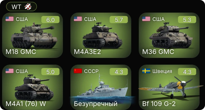 WT — Bf 109 G-2 | A21A-3 | M19A1 | M4A3E2 | M36 GMC