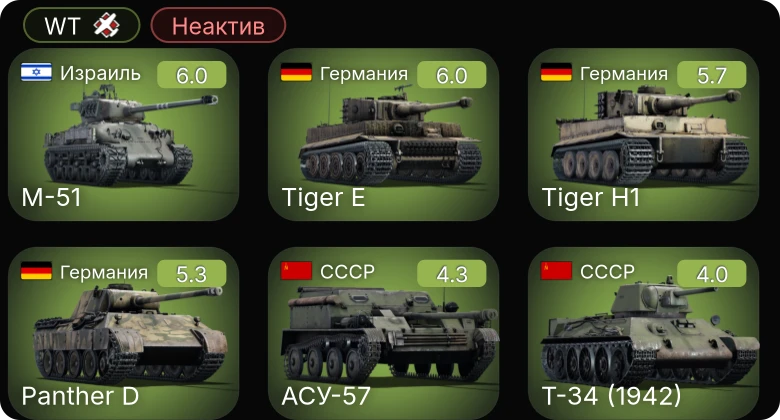 WT — Неактив | M-51 | АСУ-57 | M4A1 | M5A1 | Т-34 (1942)